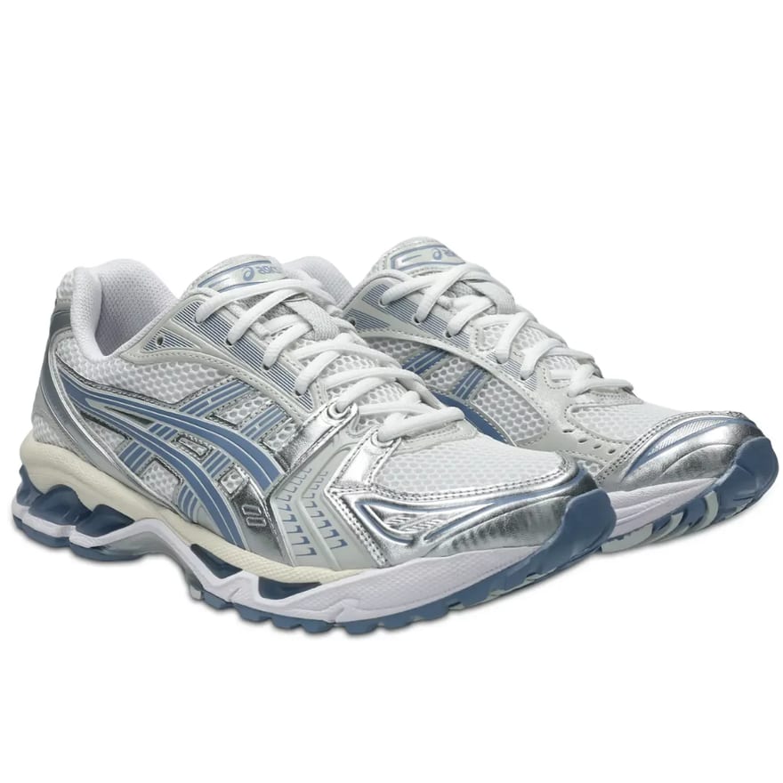Asics Gel-Kayano 14 navy, silver, and white running shoes