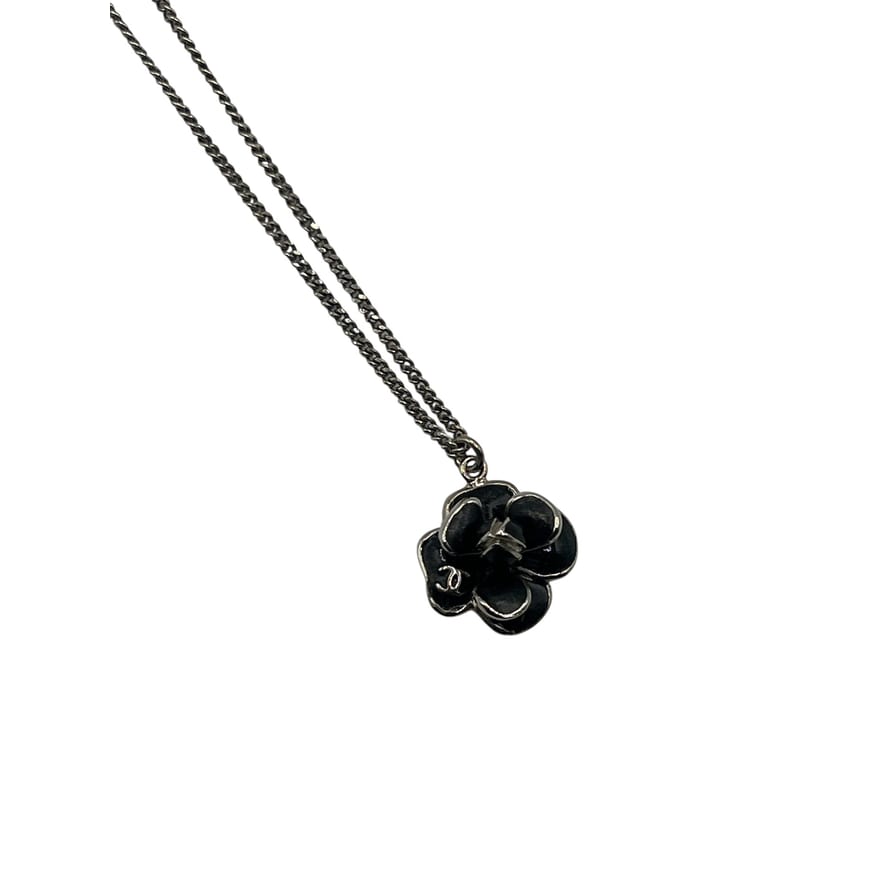 Chanel black and silver Camellia pendant necklace